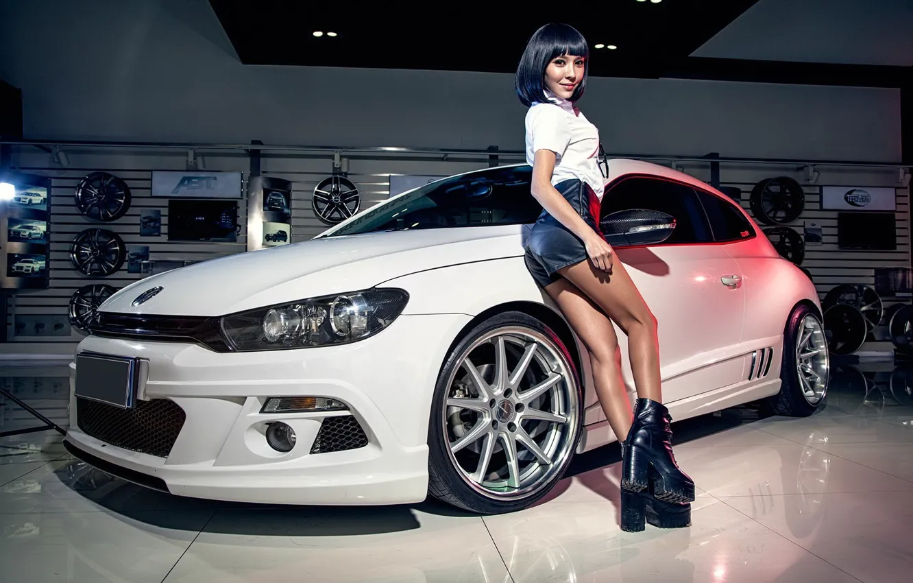 Photo wallpaper look, girl, Volkswagen, Asian, beautiful girl, white car, leaning on the car