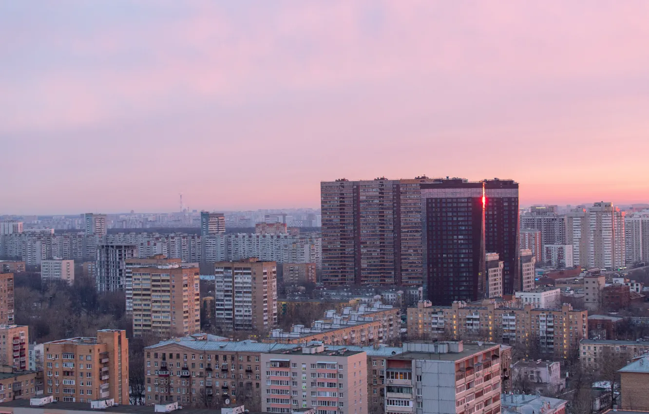 Photo wallpaper the sky, the city, pink, dawn, building, Moscow, morning