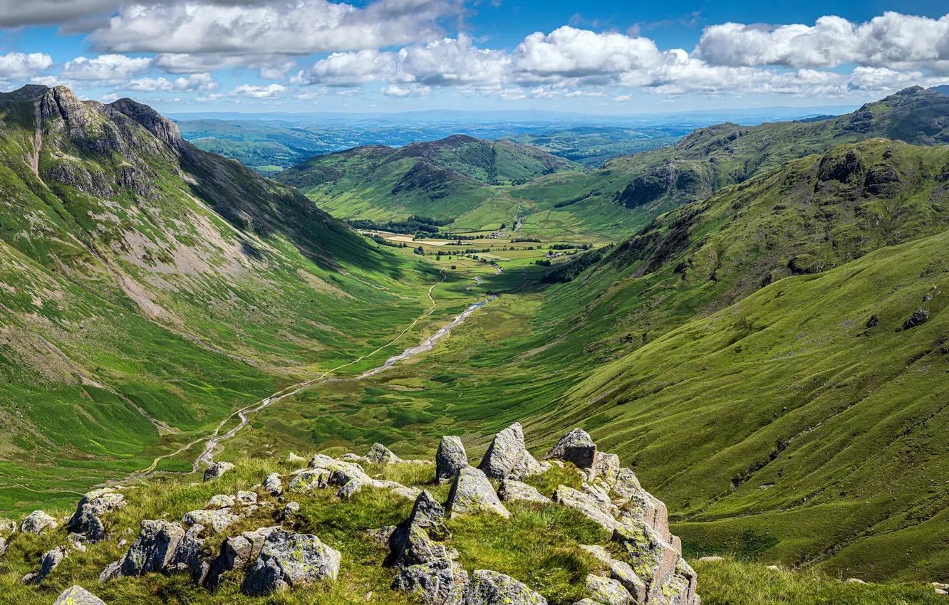 Photo wallpaper clouds, mountains, valley