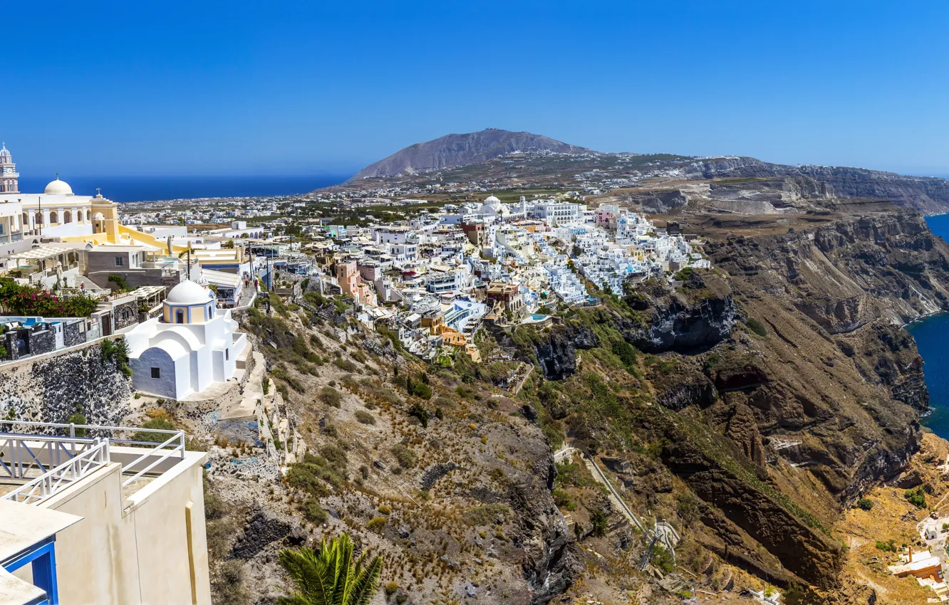 Photo wallpaper sea, the sky, the city, rocks, coast, home, Greece, horizon