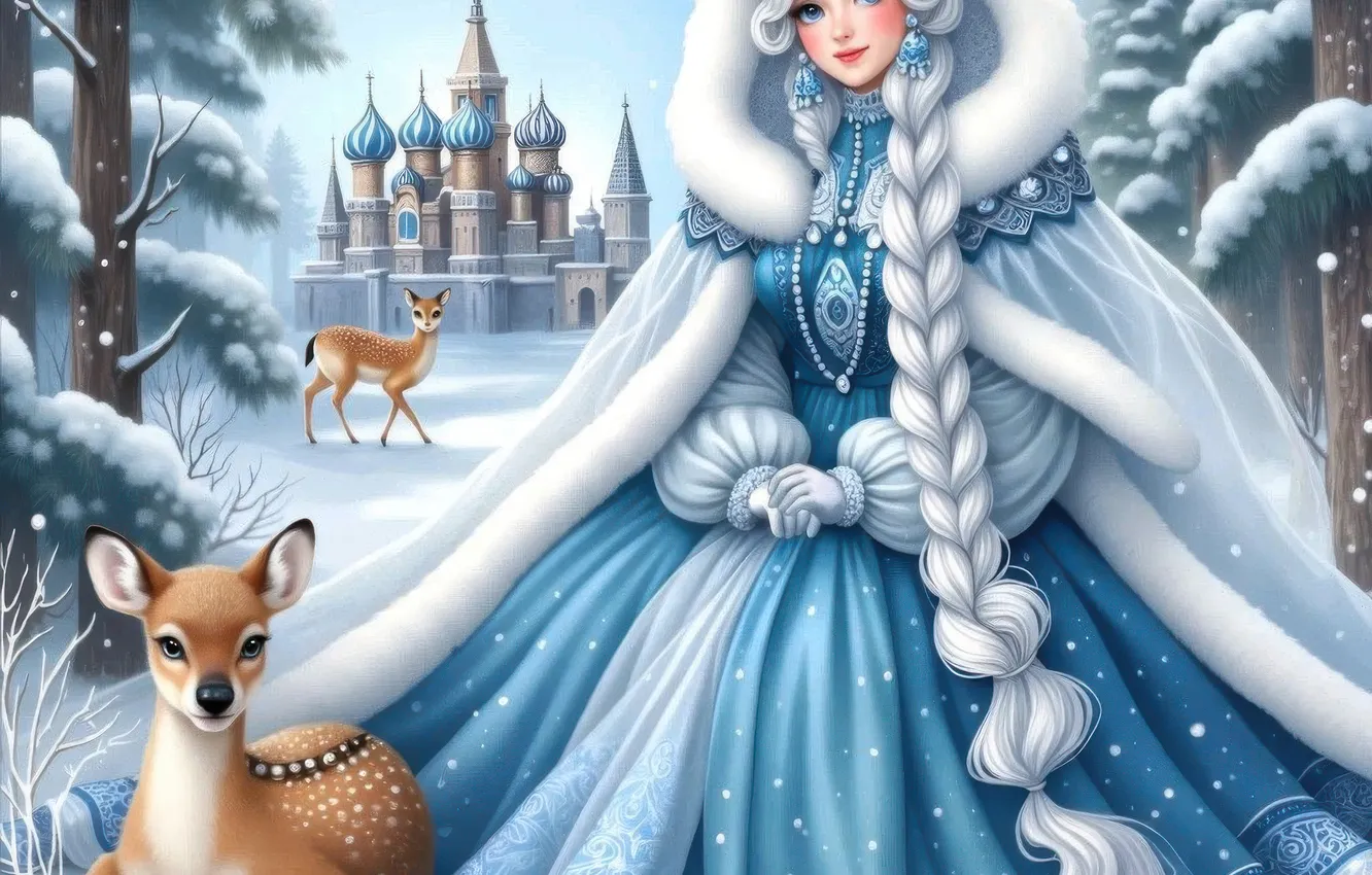 Photo wallpaper winter, girl, snow, trees, new year, Christmas, blonde, outfit