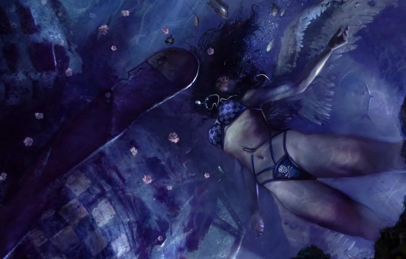 Photo wallpaper girl, fish, blue, wings