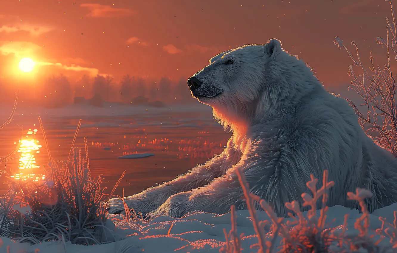 Photo wallpaper winter, water, the sun, snow, dawn, predator, bear, polar bear