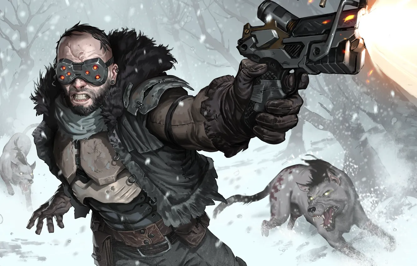 Photo wallpaper winter, forest, snow, gun, fiction, dog, art, glasses