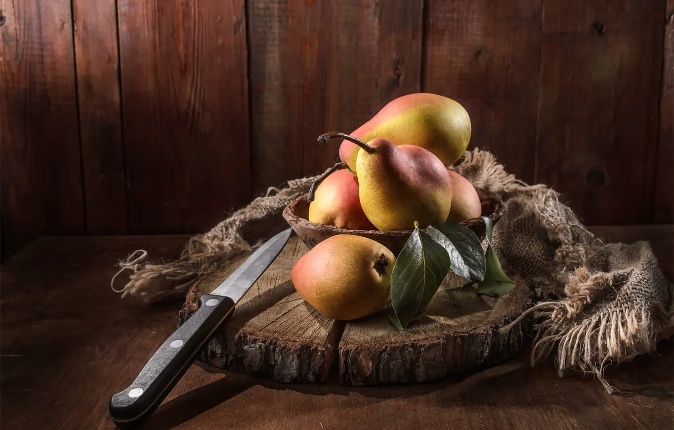 Photo wallpaper leaves, yellow, table, Board, knife, fruit, still life, pear