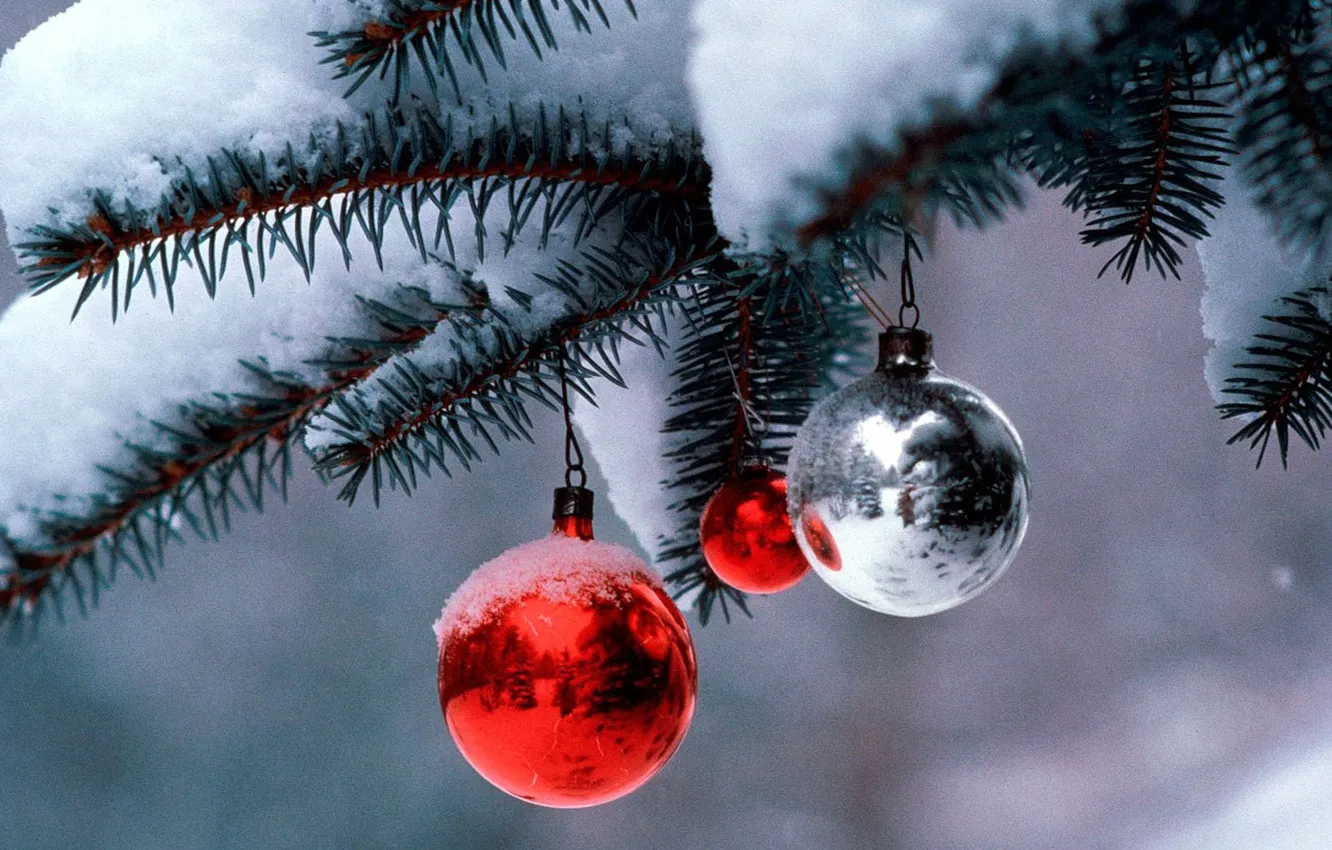 Photo wallpaper snow, branches, balls, new year