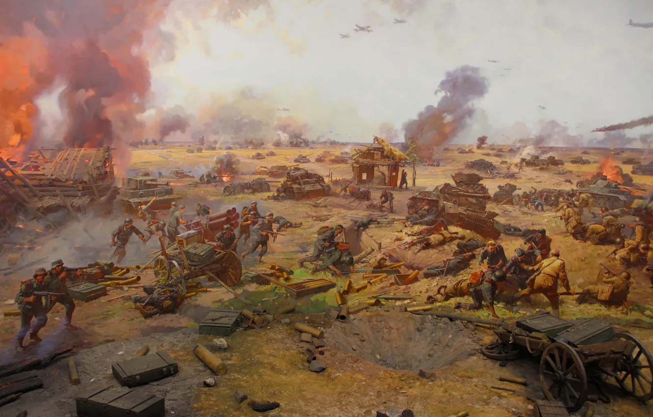 Photo wallpaper Tiger, Aircraft, War, Battle, Picture, Moscow, Soldiers, Fragment
