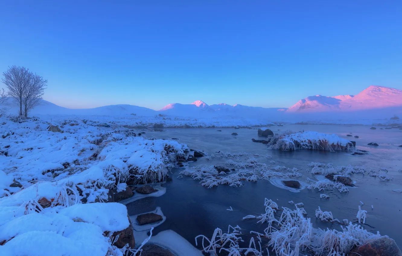 Photo wallpaper winter, snow, trees, mountains, lake, dawn, Scotland, Scotland