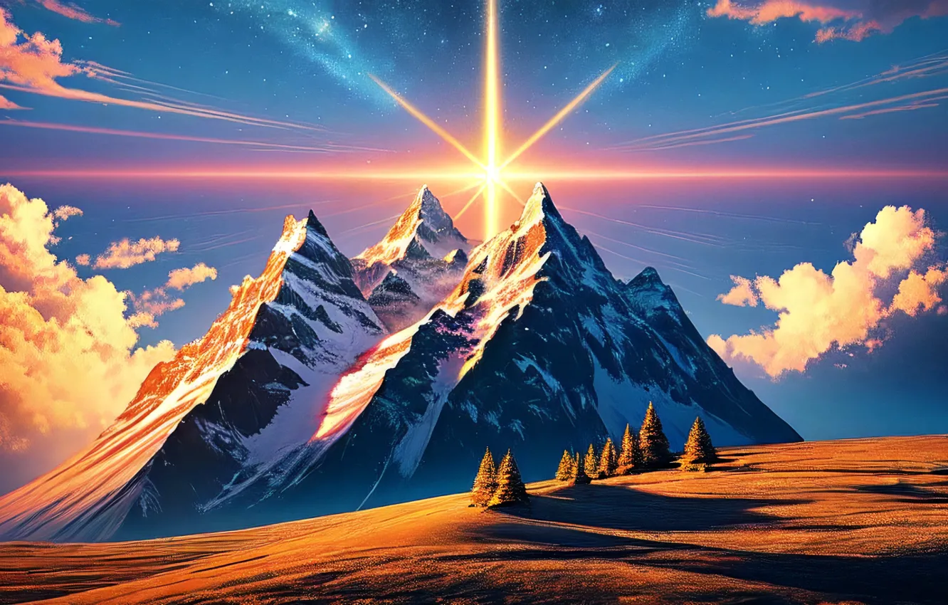 Photo wallpaper snow, trees, valley, space, digital art, solar flare, digital art, artificial intelligence