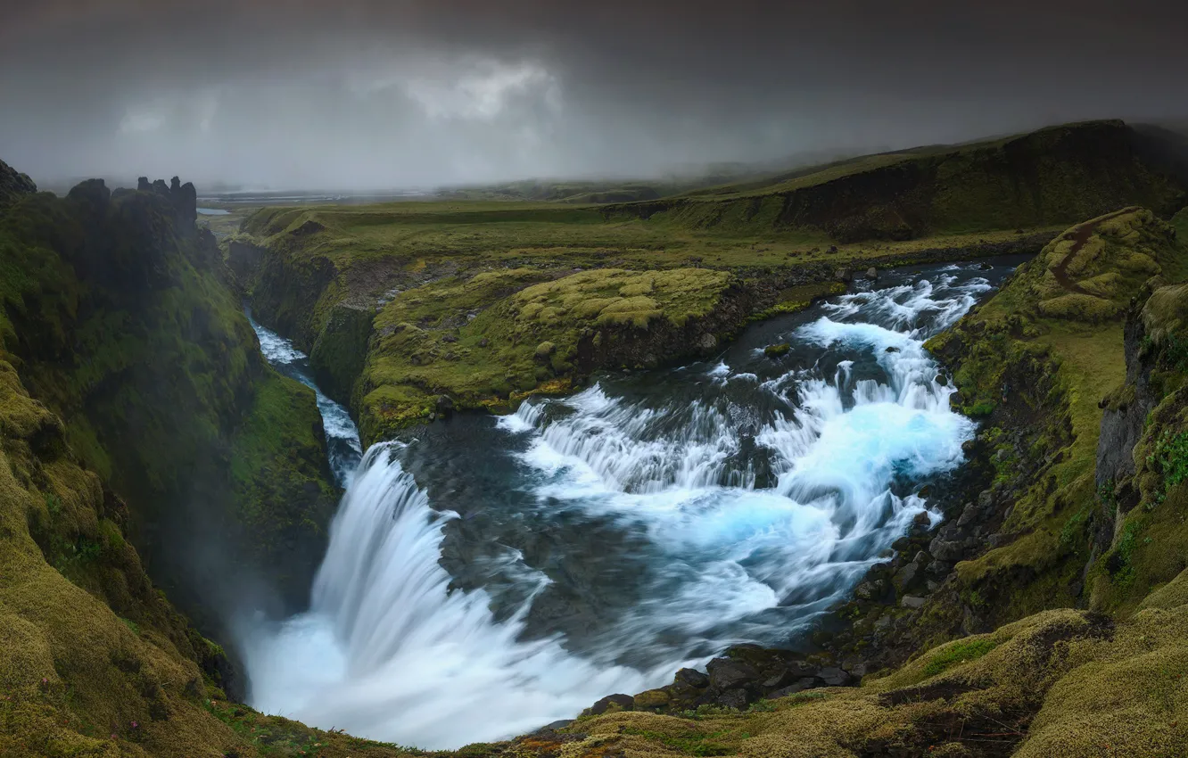 Photo wallpaper open, rocks, for, height, waterfall, stream, Iceland, gloomy sky