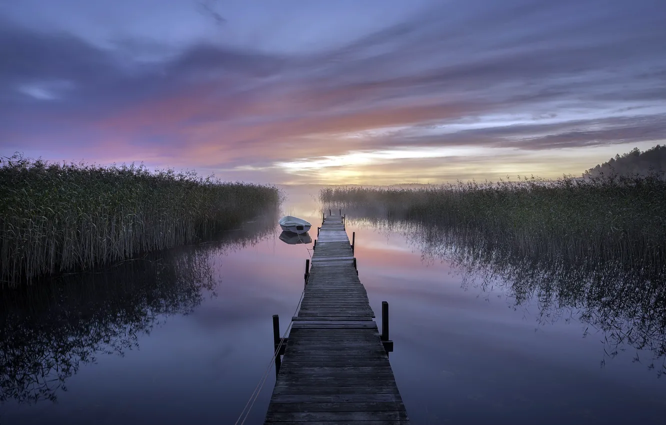 Photo wallpaper sunset, bridge, nature, lake, boat, reed
