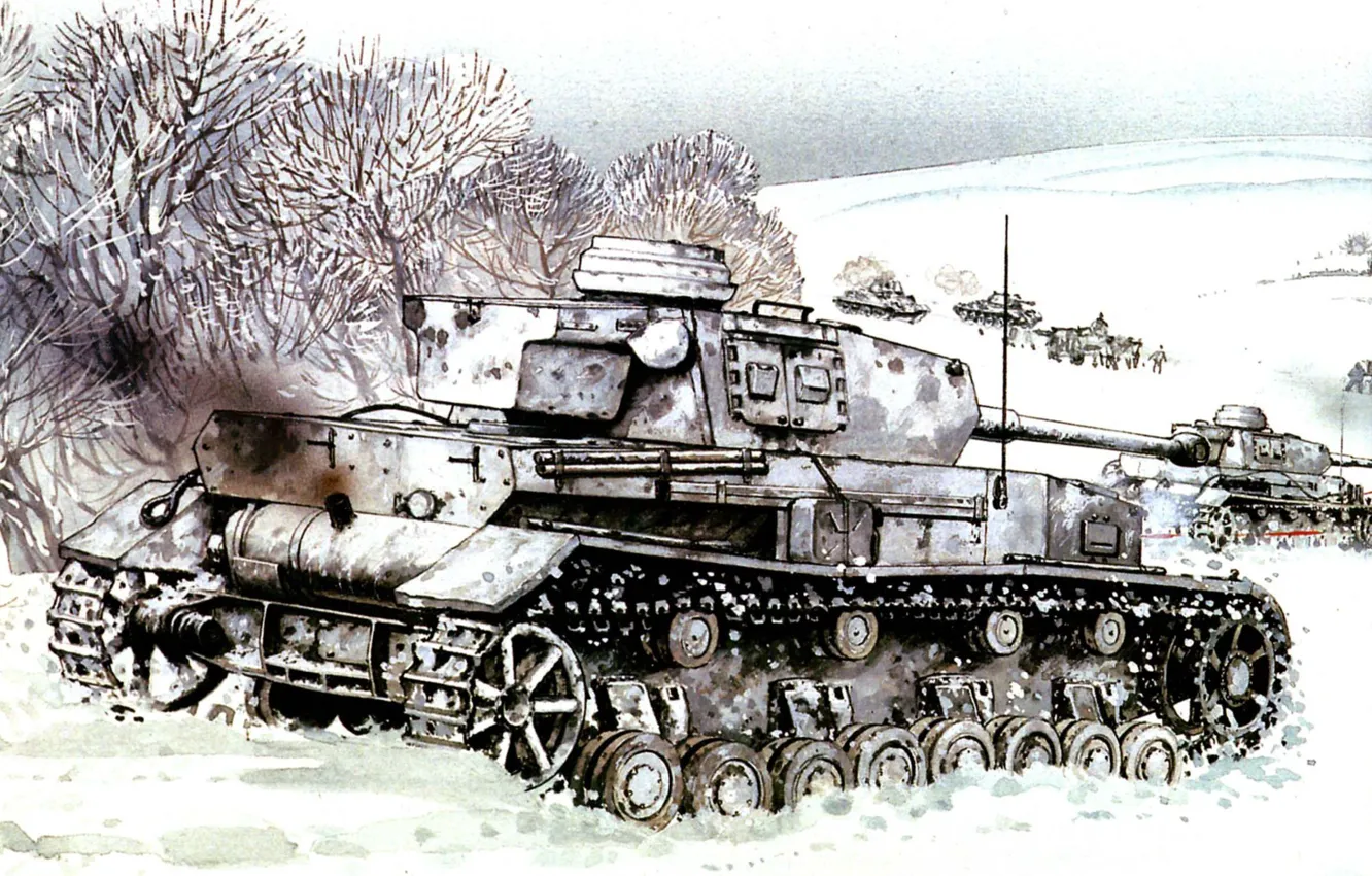 Photo wallpaper winter, field, snow, figure, tanks, Pz.Kpfw. IV, German, The great Patriotic war