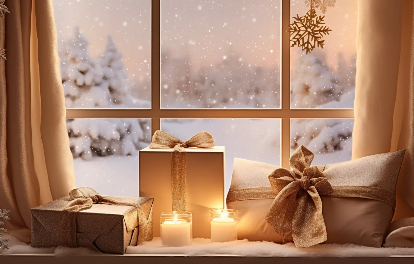 Photo wallpaper winter, snow, decoration, gift, new year, window, Christmas, Christmas