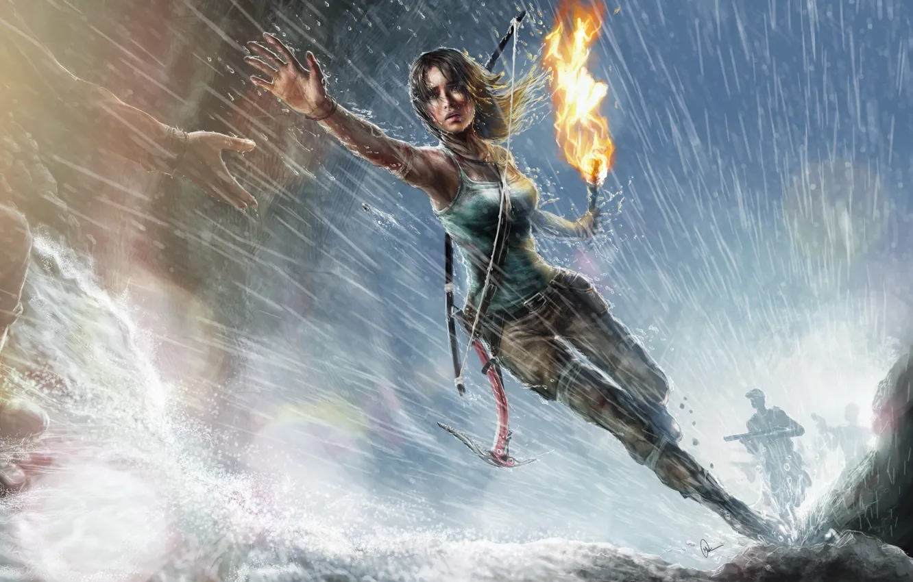 Photo wallpaper girl, rain, hands, art, running, torch, Tomb Raider, Lara Croft