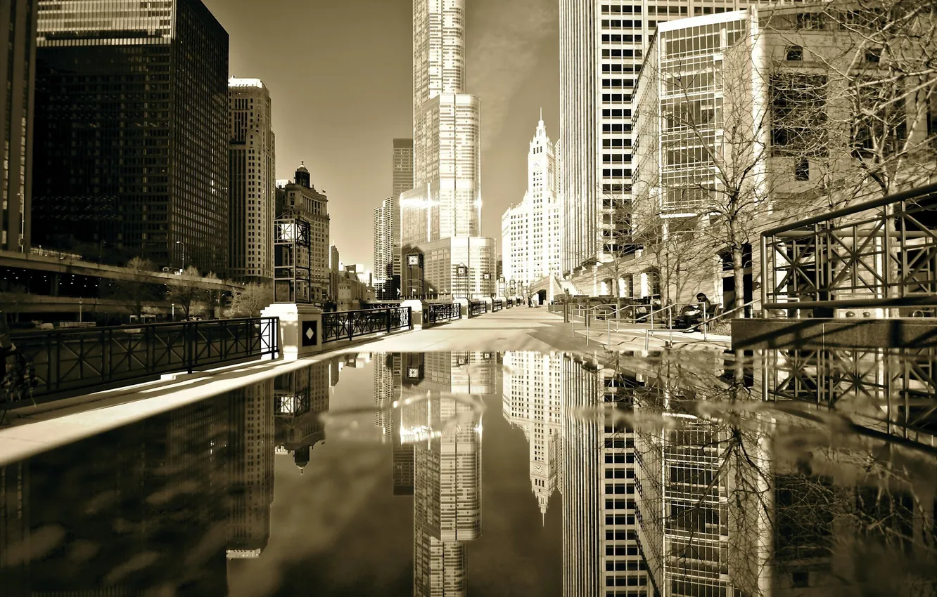 Photo wallpaper autumn, reflection, building, skyscrapers, puddle, Chicago, USA, America