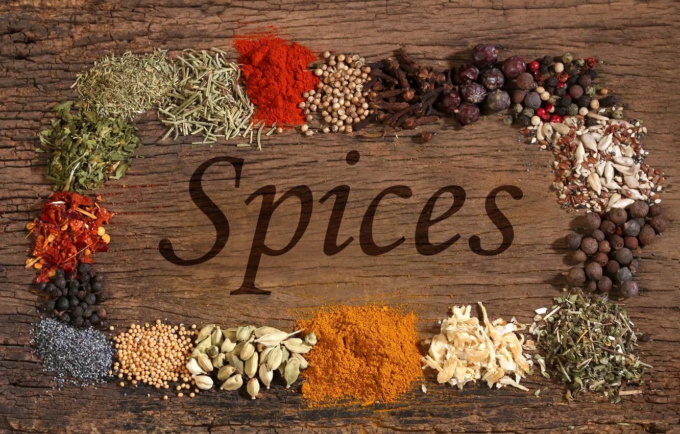 Photo wallpaper carnation, spices, seasoning, black pepper, red pepper, curry, cumin
