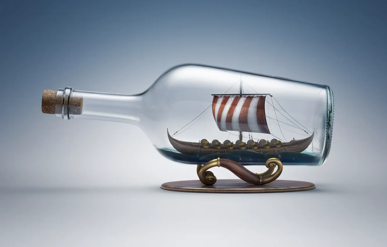 Photo wallpaper glass, ship, bottle, sailboat, tube, stand, Vikings