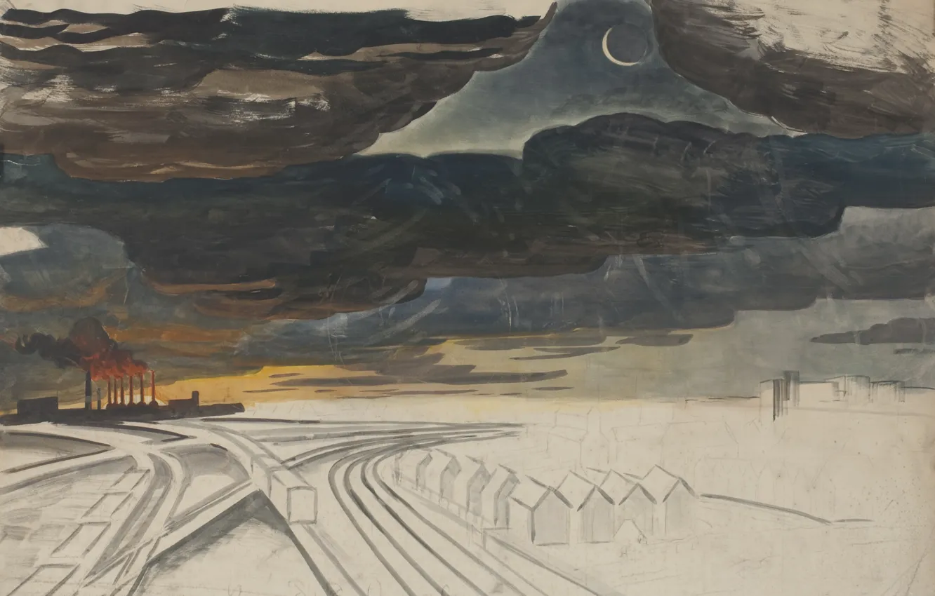 Photo wallpaper clouds, the moon, train, house, New Moon, Charles Ephraim Burchfield, copper plant