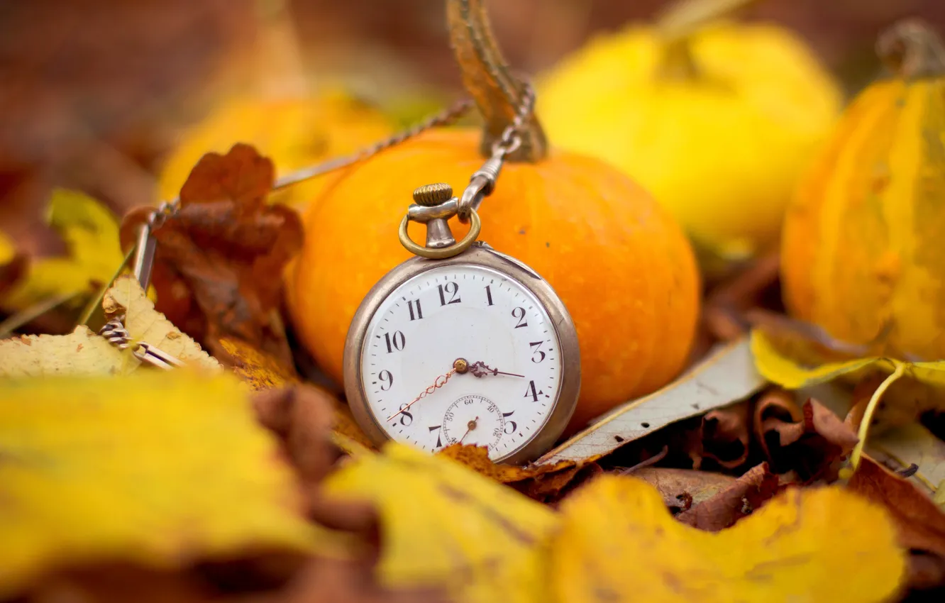 Photo wallpaper autumn, leaves, time, arrows, watch, pumpkin, dial, chain