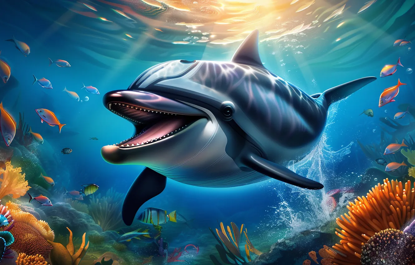 Photo wallpaper fish, dolphins, underwater world, digital art, AI art, The Art of Artificial Intelligence, neural network