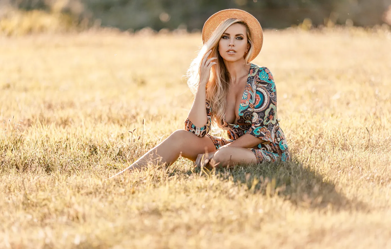 Photo wallpaper field, look, nature, hat, dress, blonde, beautiful, hat