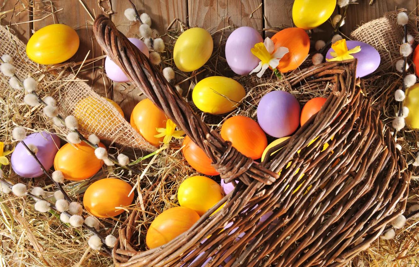 Photo wallpaper eggs, spring, Easter, happy, wood, Verba, spring, Easter