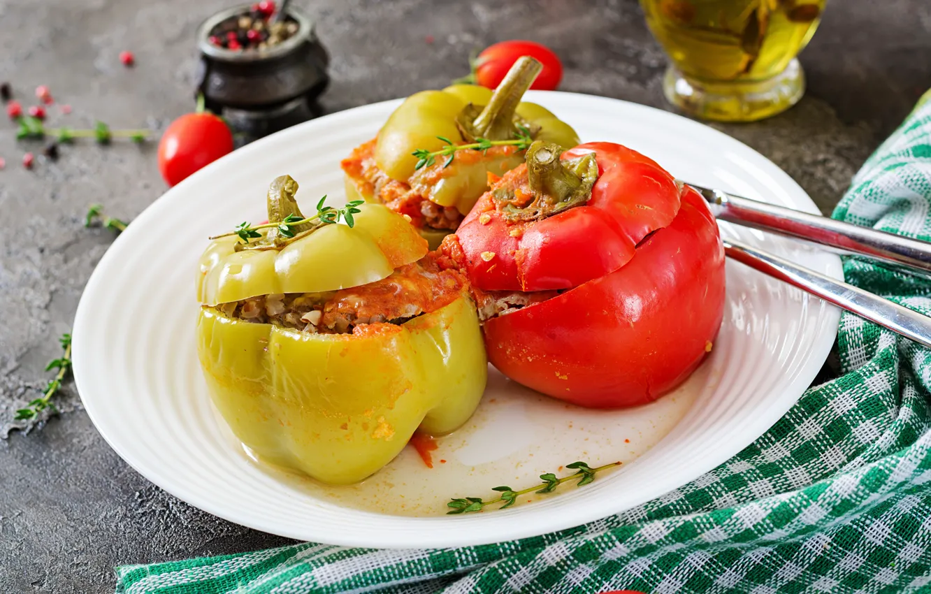 Photo wallpaper food, plate, spices, stuffed pepper