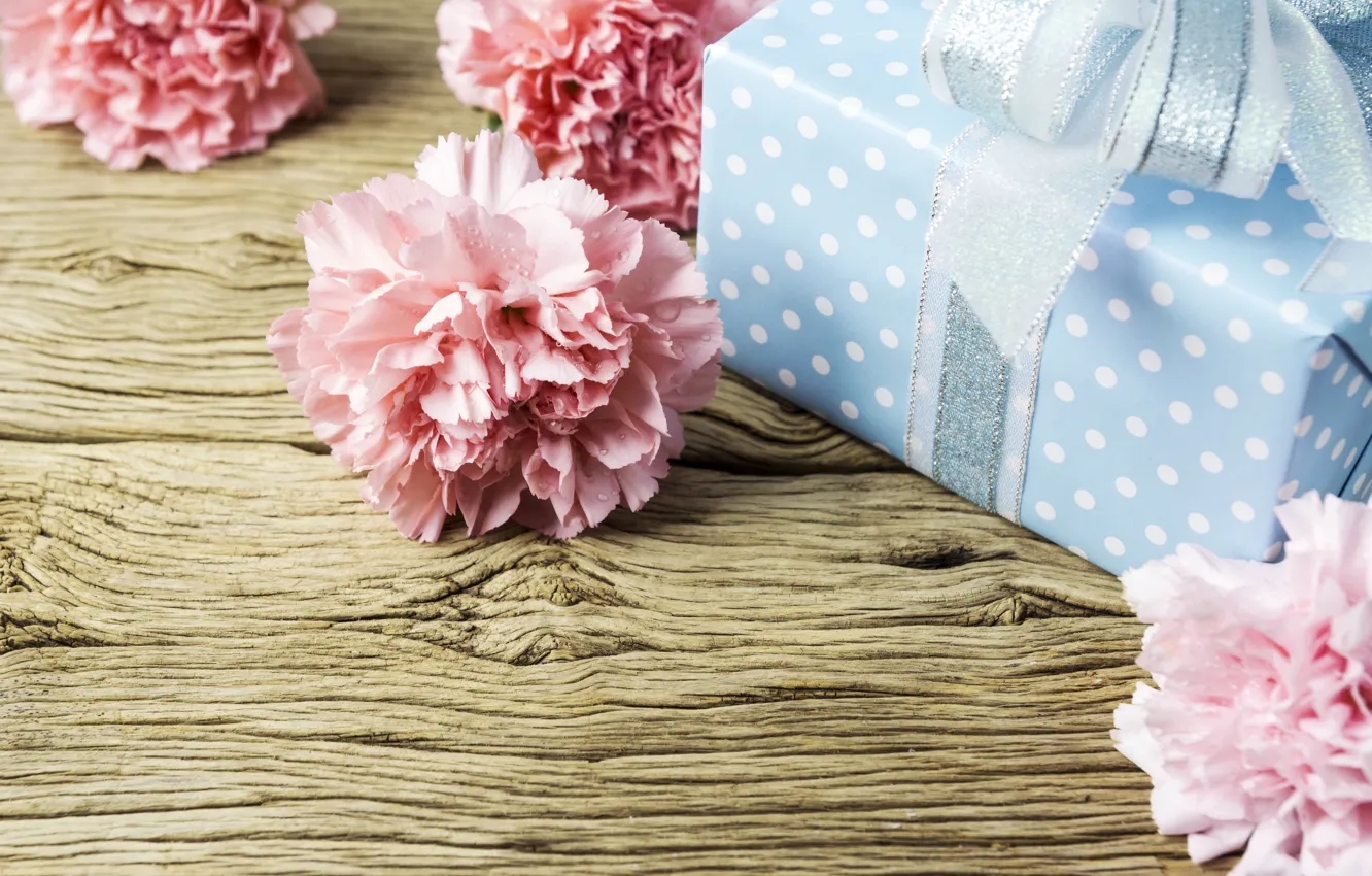Photo wallpaper flowers, gift, pink, wood, pink, flowers, beautiful, romantic