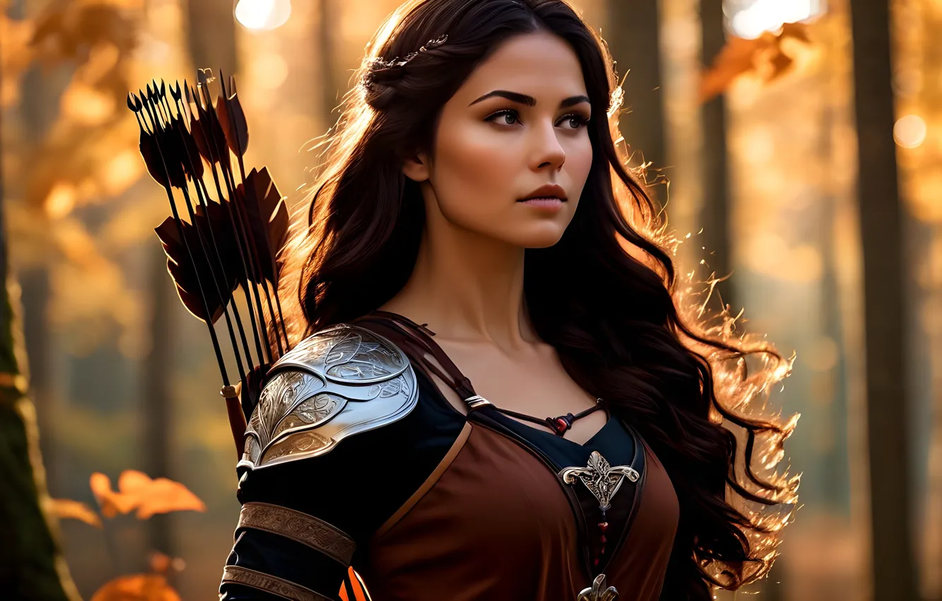 Photo wallpaper autumn, forest, look, girl, light, decoration, trees, foliage