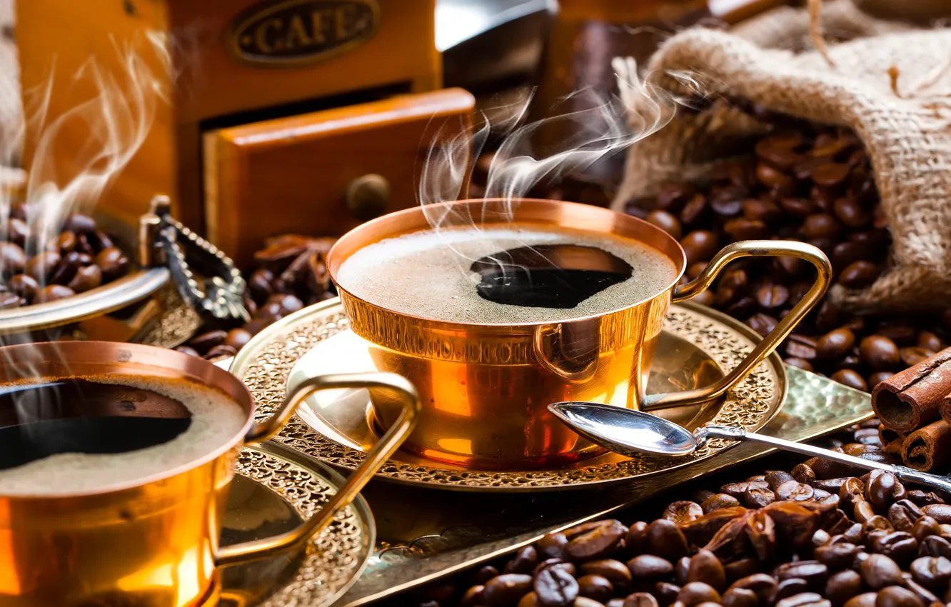 Photo wallpaper black, coffee, hot, pair, spoon, mug, Cup, gold plated