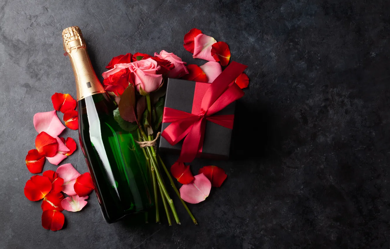 Photo wallpaper love, flowers, gift, romance, roses, love, champagne, Valentine's day