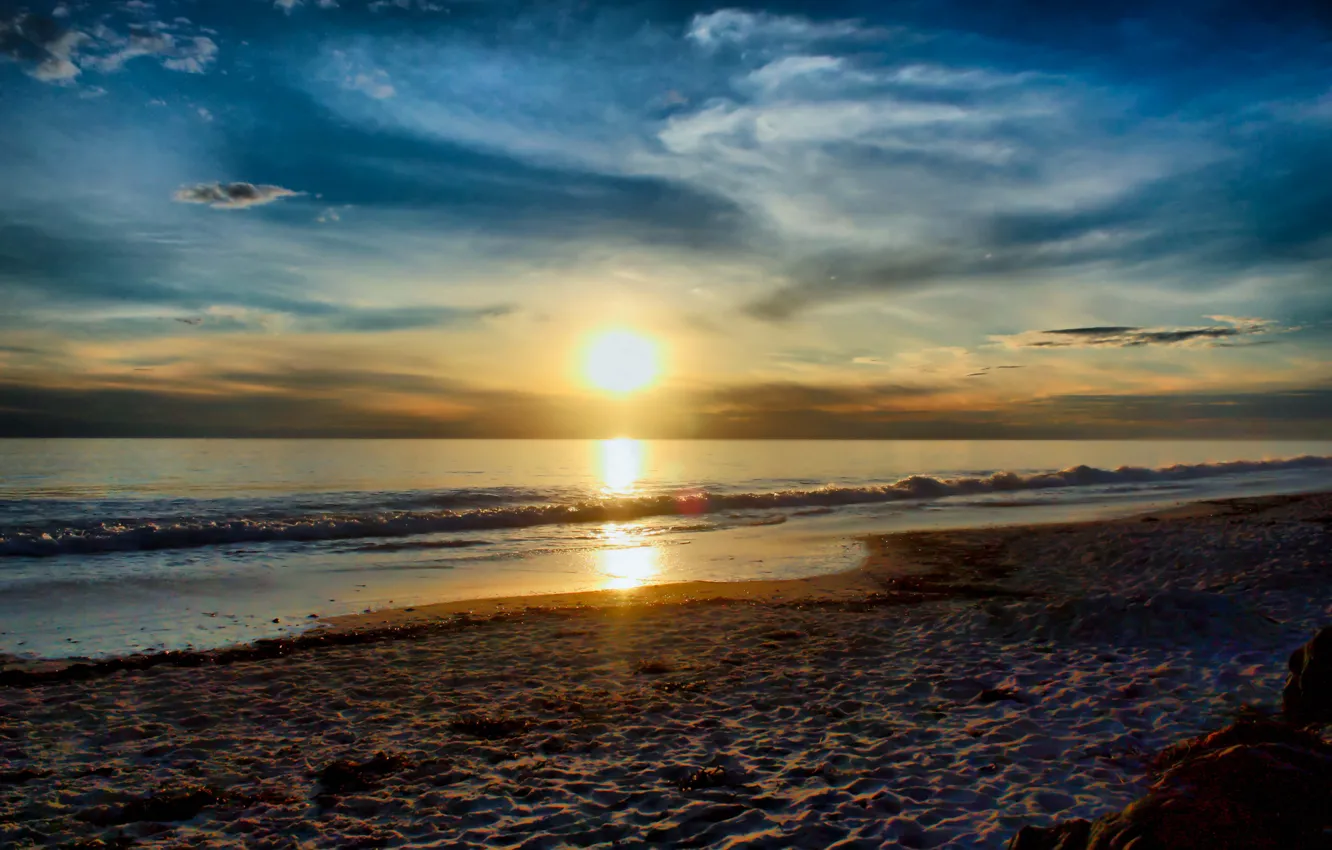 Photo wallpaper sea, beach, the sun, sunset