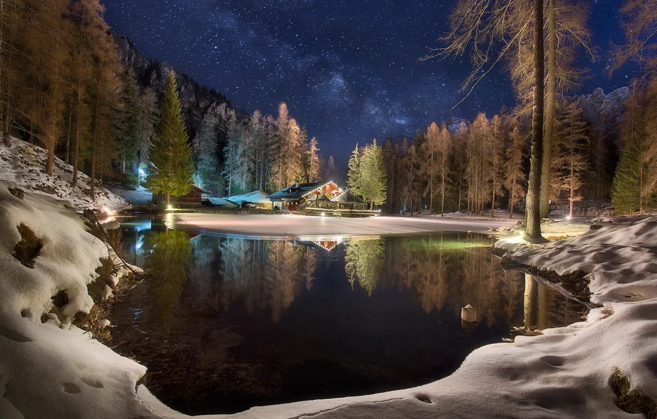 Photo wallpaper winter, forest, the sky, stars, night, lake, reflection