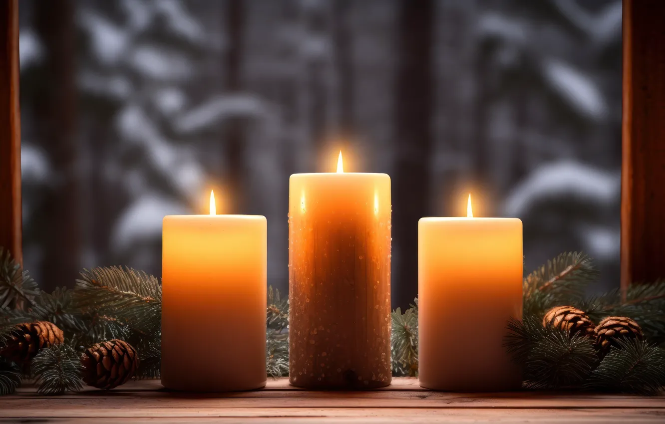 Photo wallpaper winter, forest, branches, comfort, new year, candles, window, Christmas