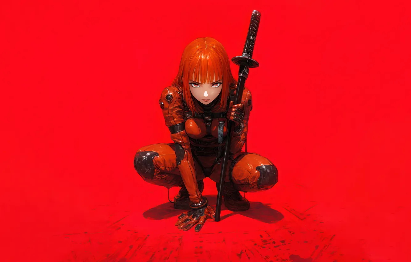 Photo wallpaper red, katana, sci-fi, Red hair, anime girl