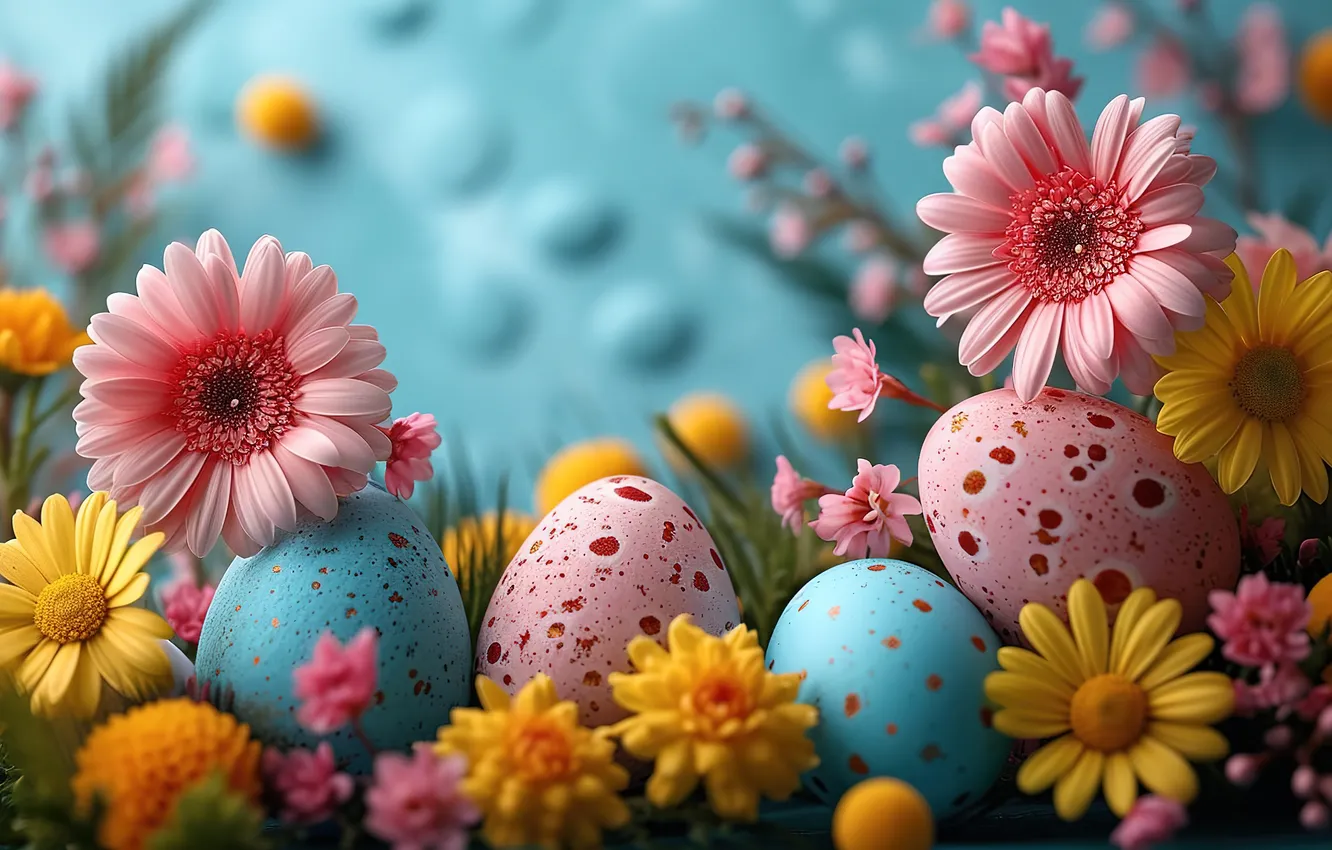 Photo wallpaper flowers, eggs, spring, colorful, Easter, pink, flowers, spring