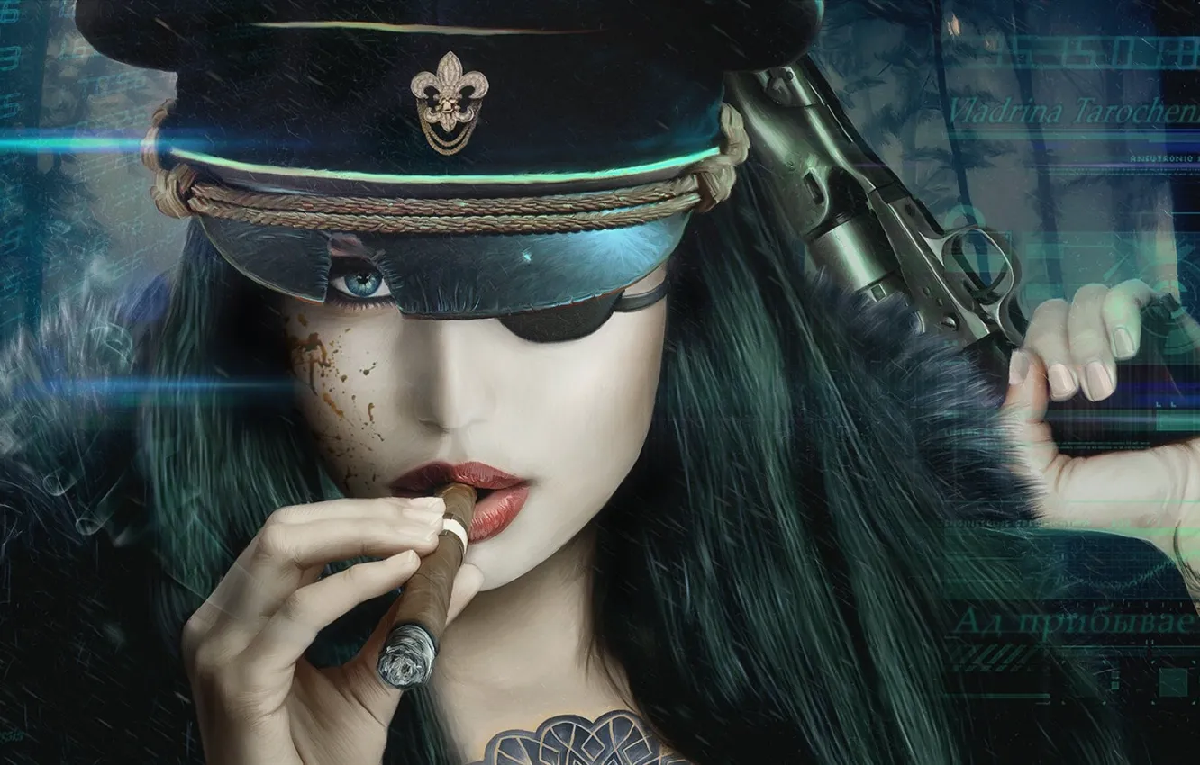 Photo wallpaper look, girl, gun, weapons, cigar, cap, Vincent Tanguay, LaserFaust - Vladrina