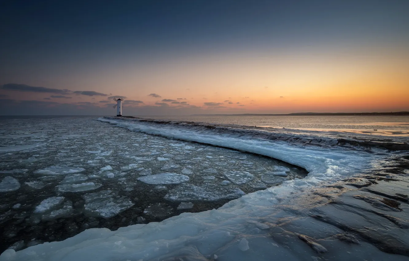 Photo wallpaper ice, winter, sea, sunset, shore, lighthouse