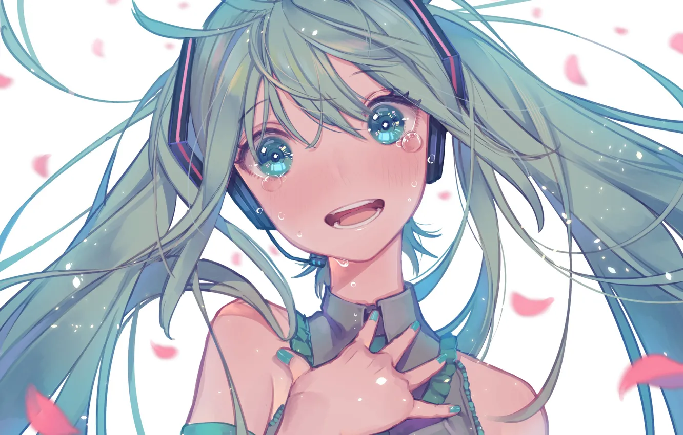 Photo wallpaper girl, smile, anime, headphones, tears, blush, vocaloid, hatsune miku