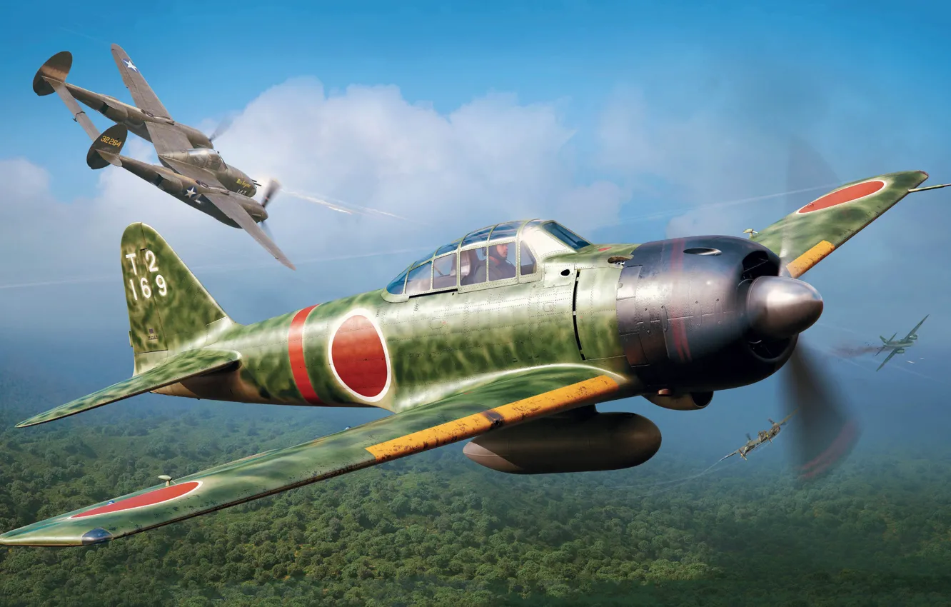 Photo wallpaper Japan, fighter, deck, IJN, Mitsubishi A6M Zero, Piotr Forkasiewicz, A6M3 Zero Type 32