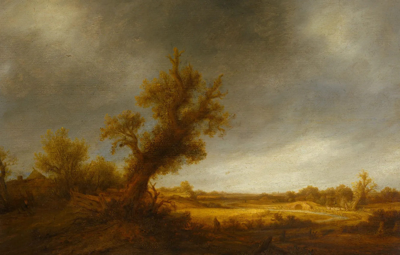 Photo wallpaper landscape, tree, oil, picture, Adriaen van Ostade, Landscape with Old Oak tree