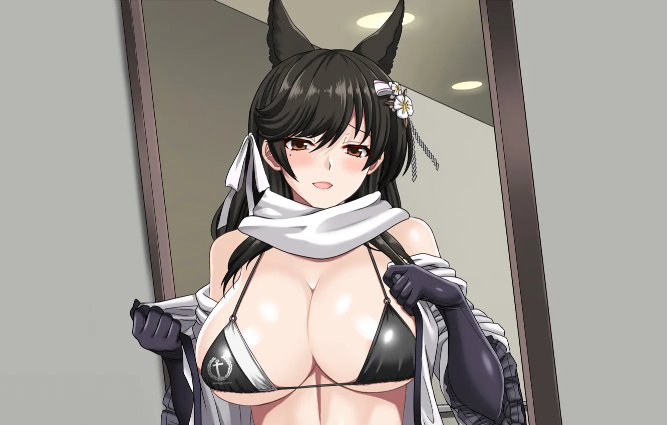 Photo wallpaper girl, sexy, cleavage, long hair, brown eyes, boobs, animal ears, anime