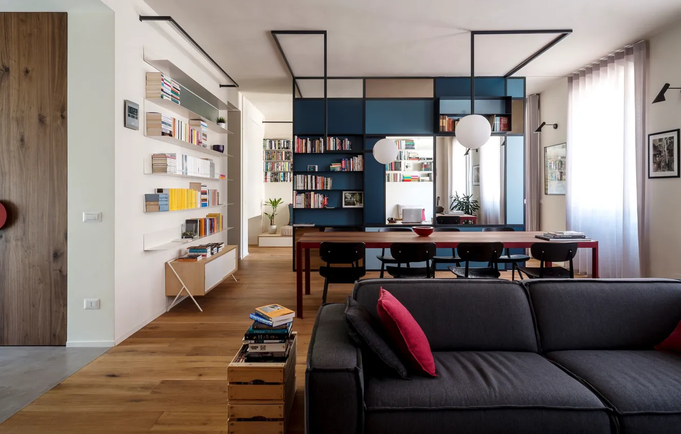 Photo wallpaper design, style, interior, Italy, library, living room, dining room, Apartment in Turin