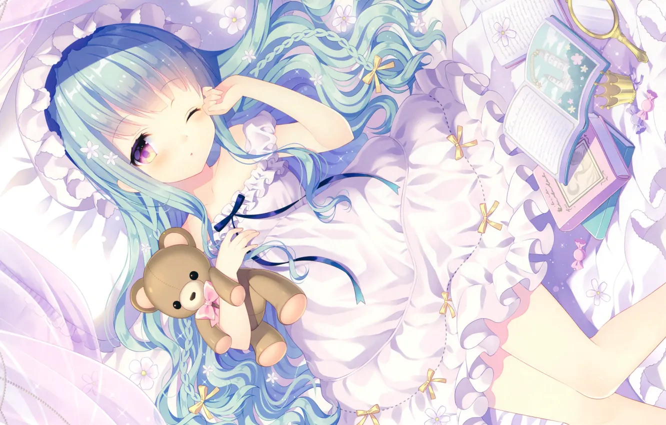 Photo wallpaper sleep, crown, candy, bear, girl, book, Princess, cap