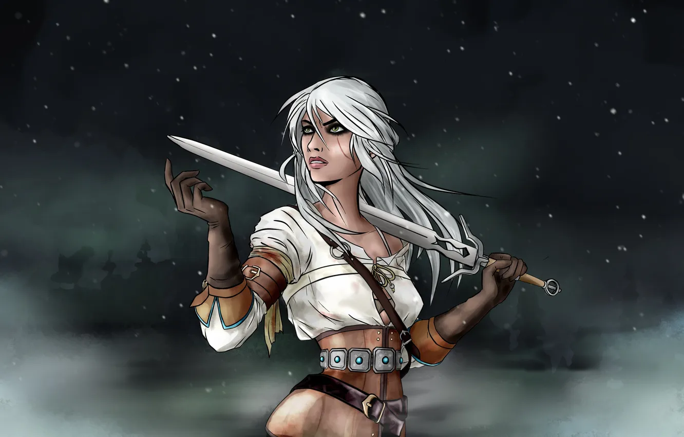 Photo wallpaper look, girl, snow, weapons, art, Ciri, Witcher 3: Wild Hunt