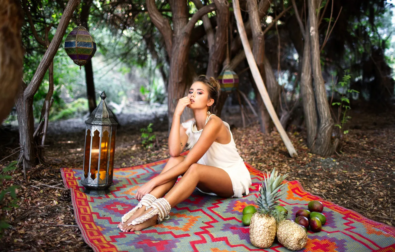 Photo wallpaper girl, pose, candles, pineapple, candle