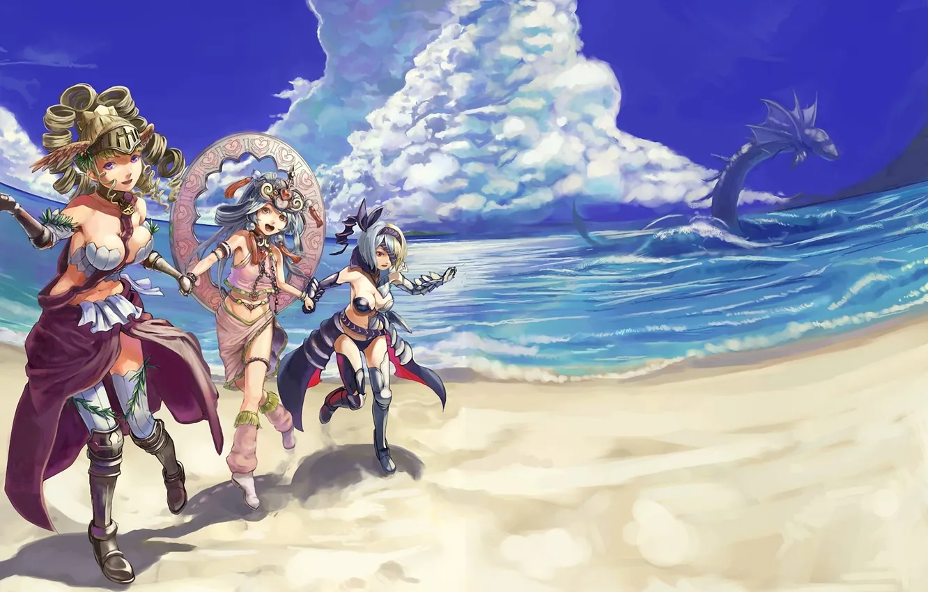 Photo wallpaper sea, beach, dragon, art, girl, armor, mizore akihiro, love plus more