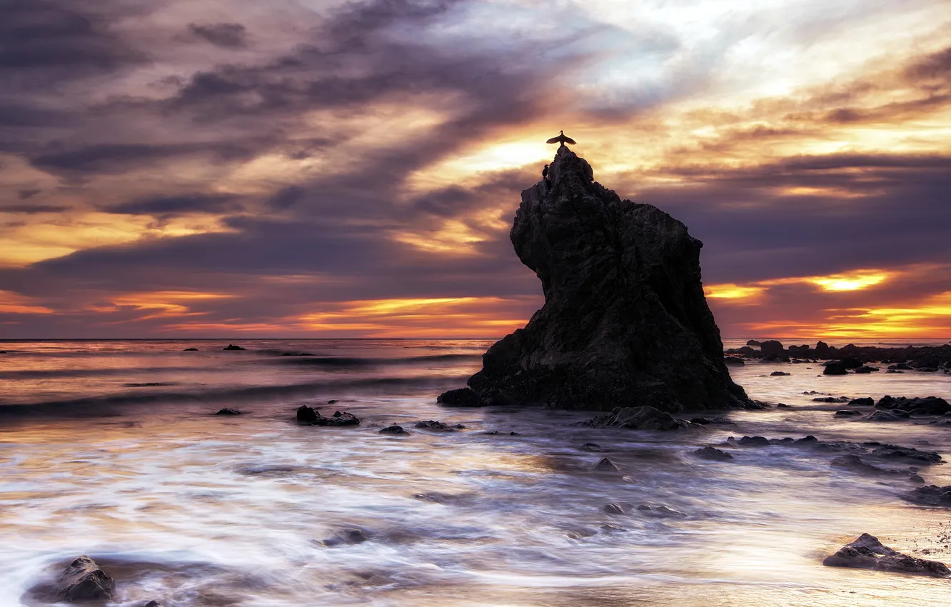 Photo wallpaper sea, landscape, sunset, rocks