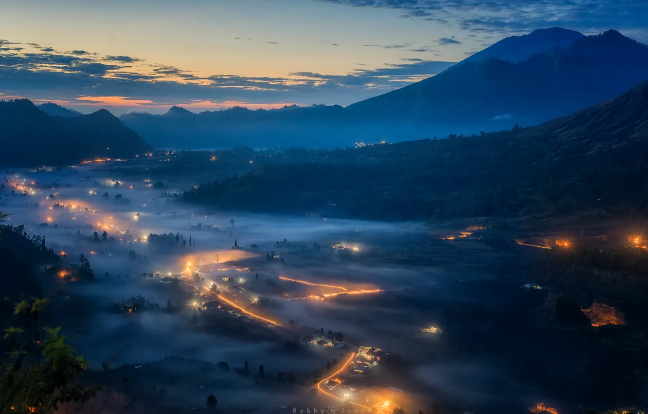 Photo wallpaper mountains, lights, fog, the evening, morning, valley, Bali