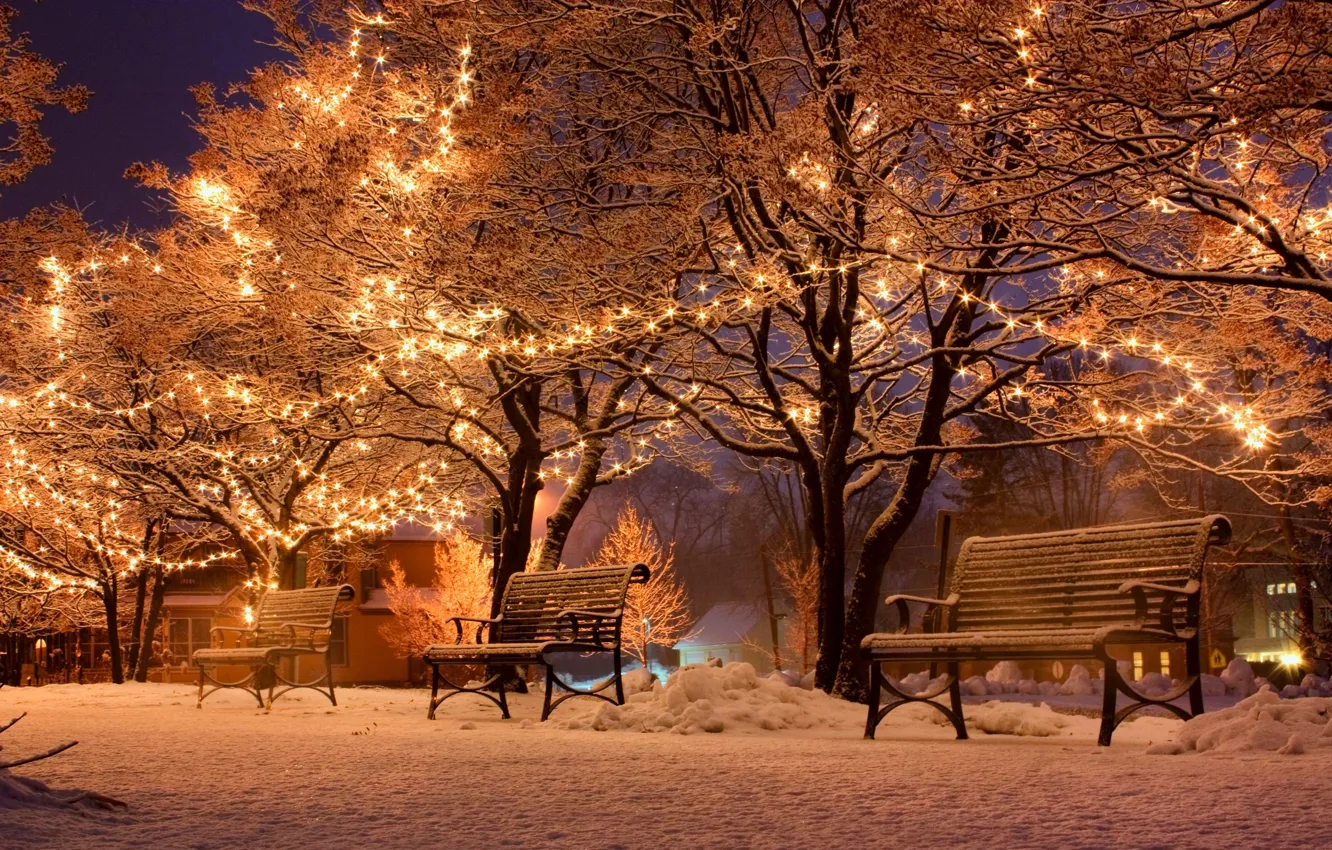 Photo wallpaper winter, snow, night, city, the city, lights, street, benches